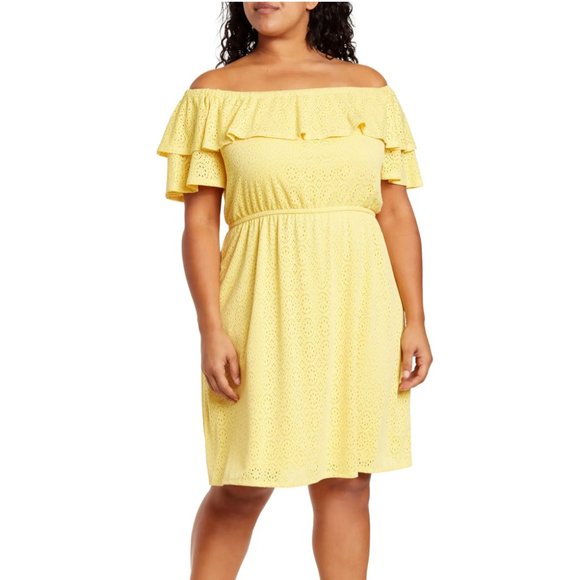 NWT London Times Yellow Eyelet Ruffle Off The Shoulder Dress - 2X - Picture 1 of 3
